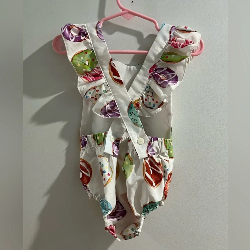 Fyegre Donut Print Ruffle Strap Baby One-Piece with bow
